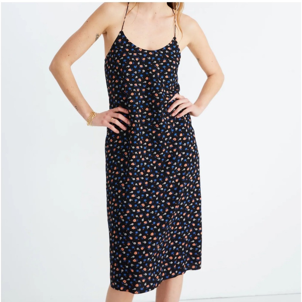 Madewell Tie-Back Slip Dress Prairie Posies Floral Cottage Boho Black Midi 8